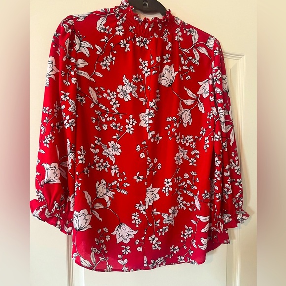 Adrienne Vittadini Rich Red Floral Chiffon Semi Sheer Long Sleeve Blouse SZ S - Picture 1 of 16